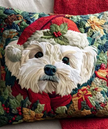Santa Maltese Dog Quilted Pillow Cover - Cute Festive Pet Decorative Throw Cushion For Christmas Decor & Dog Lovers Gift