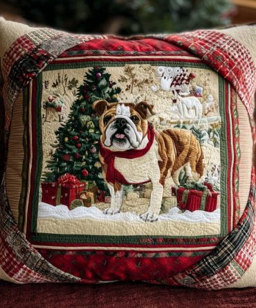 Winter Bulldog Quilted Pillow Cover — Festive Dog-Themed Decorative Throw Pillowcase Featuring Cute Bulldog Motif For Pet Lovers & Holiday Rooms