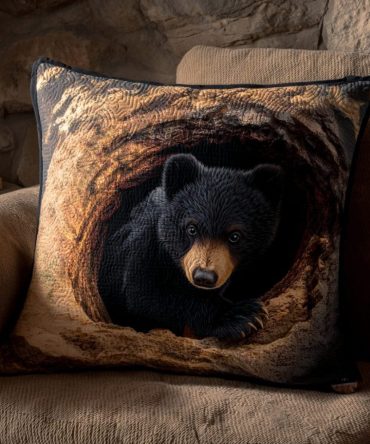 Bear Cave Explorer Quilted Pillow Cover - Adventure Animal Decorative Throw Cushion For Cabin, Kids Room & Nature Lovers