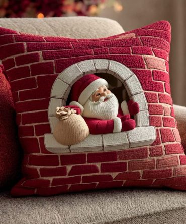 Santa Claus Trick Quilted Pillow Cover - Whimsical Holiday Throw Pillow Case, Festive Illustration, Zippered Cotton Blend Decorative Cover