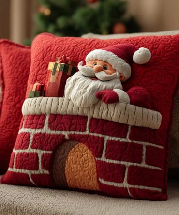 Santa Claus Hearth Mirage Quilted Pillow Cover - Festive Santa Decorative Throw Cushion For Christmas Mantel & Living Room