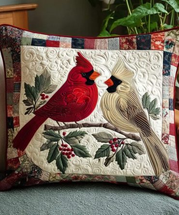 Perching Cardinal Quilted Winter Pillow Cover — Festive Cardinal Accent, Soft Quilted Texture For Holiday Mantel & Cozy Seating