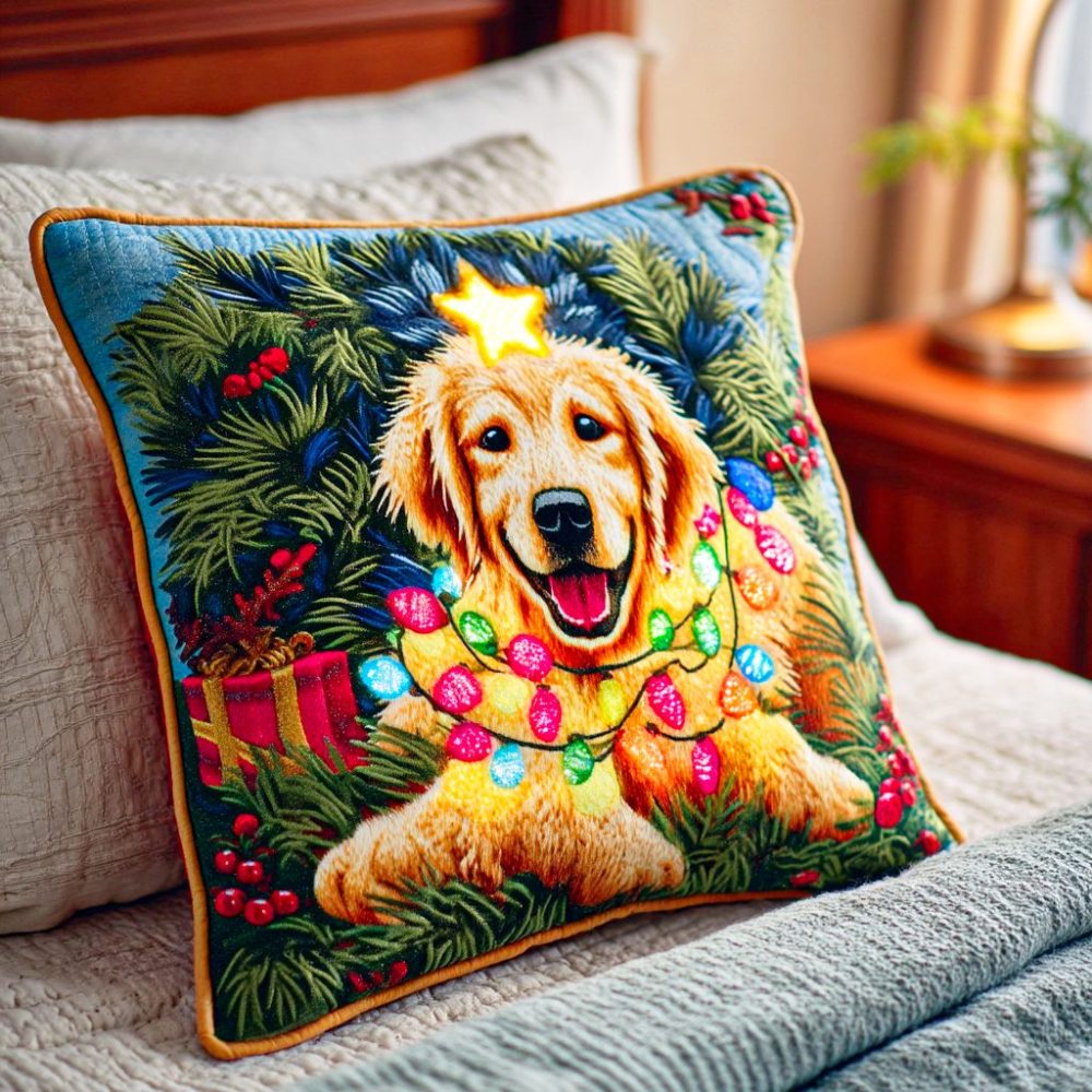 Twinkle Light Golden Quilted Throw Pillow Cover - Shimmering Festive Design, Quilted Comfort, Decorative Accent For Living Spaces