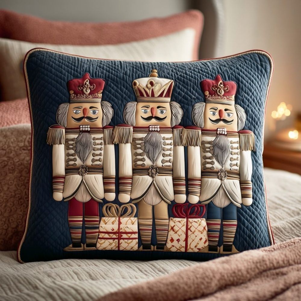 Nutcracker Guard Quilted Decorative Pillow Cover — Vintage Toy Soldier Holiday Throw, Festive Quilted Accent For Christmas Mantel & Sofa