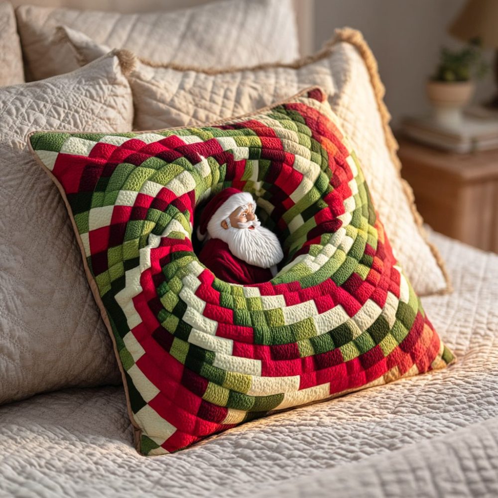 Vortex Santa Dive Quilted Throw Pillow Cover - Whimsical Holiday 3D Santa Print, Quilted Texture, Cheerful Accent For Couch & Bed