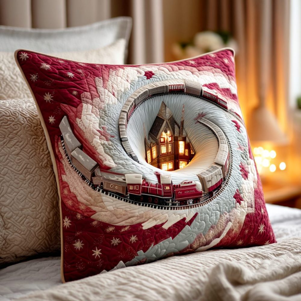 Steam Holiday Ride Quilted Pillow Cover - Vintage Train Christmas Decorative Throw Cushion For Festive Home & Sofa