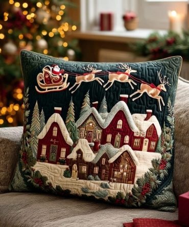Village Night Quilted Pillow Cover - Cozy Rustic Throw Pillow Case With Nightscape Design, Quilted Cotton Blend, Zipper Closure