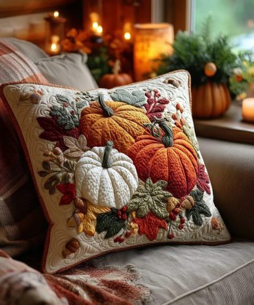Autumn Abundance Quilted Pillow Cover - Harvest Fall Throw Pillow Case, Warm Tones Quilted Decorative Cover, Machine Washable Accent