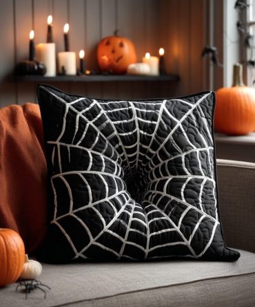 Spiderfall Quilted Pillow Cover - Web Motif Decorative Throw Pillow Case, Quilted Texture, Zippered Accent For Moody & Modern Interiors