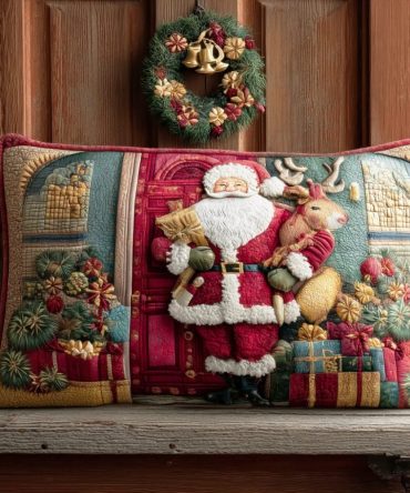 Festive Santa Warm Welcome Quilted Pillow Cover - Holiday Decorative Accent For Bed, Sofa & Entryway, Cozy Seasonal Style