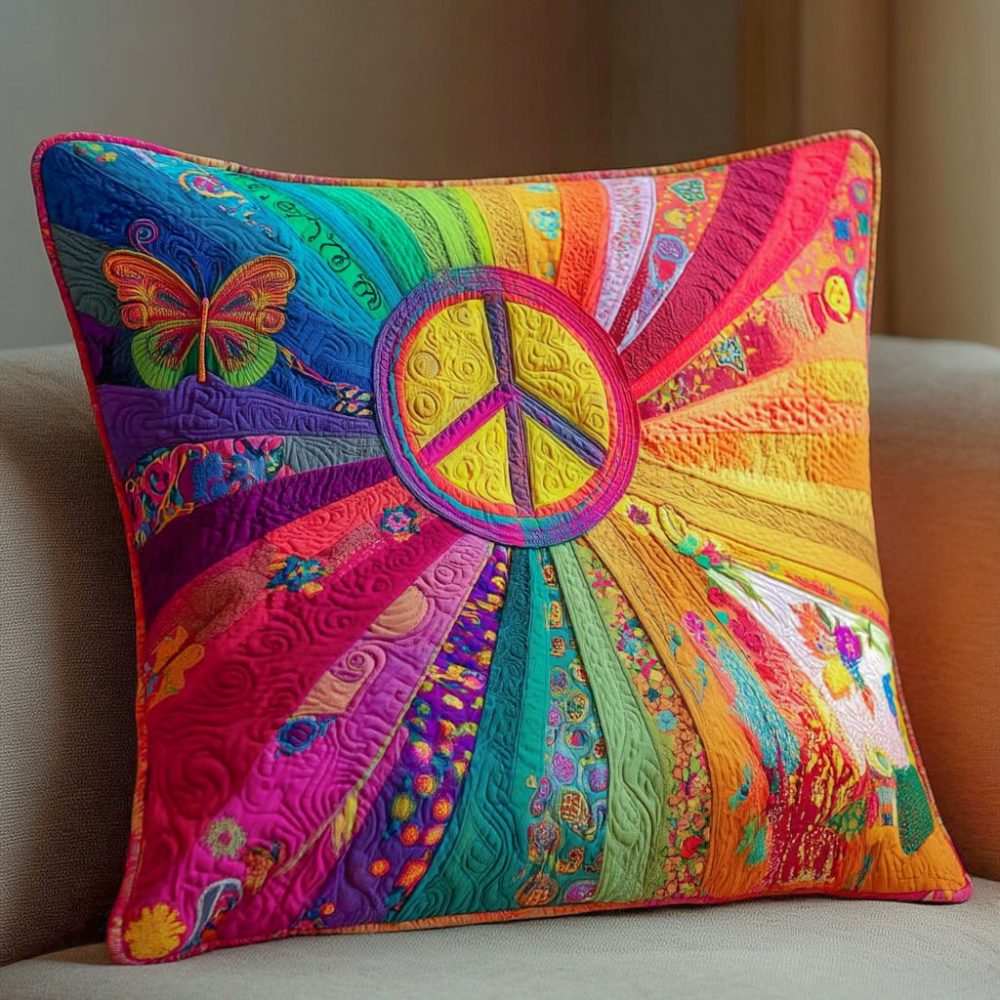 Vibrant Rainbow Peace Garden Quilted Pillow Cover - Boho Decorative Throw Cushion For Sofa, Bed & Gifts