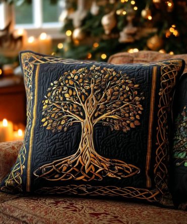 Celestial Tree Quilted Throw Pillow Cover - Golden Constellation Design, Luxurious Quilting, Elegant Accent For Living Room & Bedroom