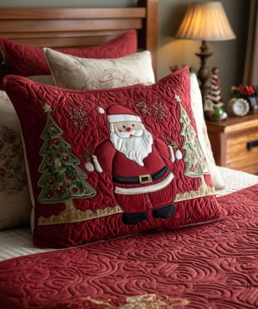 Santa Parade Whimsical Quilted Pillow Cover - Cheerful Christmas Throw Pillow Sham With Festive Santa Motif For Home Decor