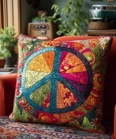 Cosmic Peace Quilted Boho Pillow Cover — Vibrant Peace Sign Design, Colorful Quilted Accent For Trendy Living Rooms & Dorm Spaces