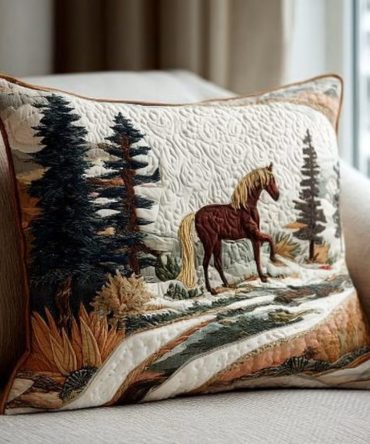 Alpine Horse Spirit Quilted Pillow Cover - Equestrian Mountain Throw Pillowcase For Country Homes, Stables & Rustic Decor