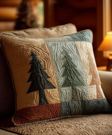Rustic Winter Pines Quilted Pillow Cover - Cozy Cabin Pinecone Throw Pillowcase For Lodge & Farmhouse Holiday Decor