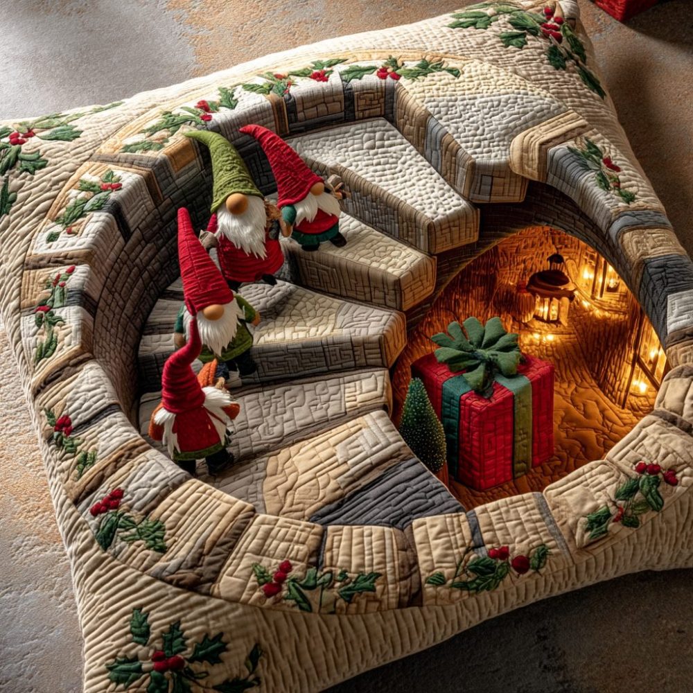 Whimsical Gnome Stairs Quilted Throw Pillow Cover - 3D Illusion Decorative Cushion For Nursery, Garden & Gifts
