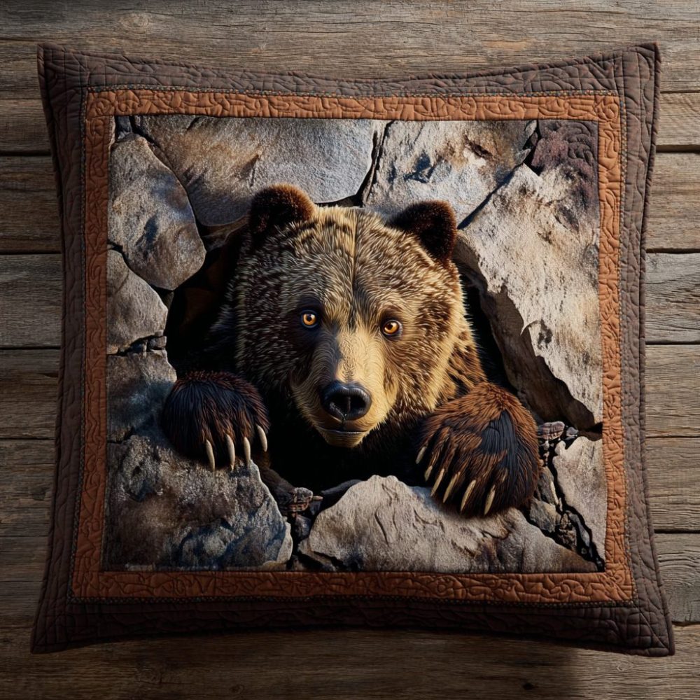 Forest Den Watcher Quilted Pillow Cover - Woodland Animal Decorative Throw Cushion For Rustic Cabin & Living Room