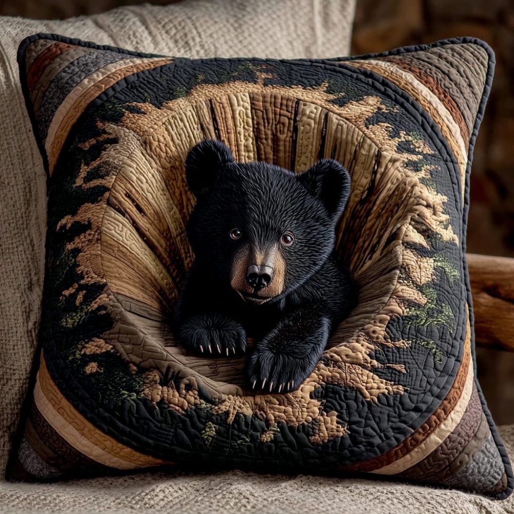 Cozy Den Cub Quilted Throw Pillow Cover - Realistic 3D Animal Decorative Cushion For Cabin, Kids Room & Sofa
