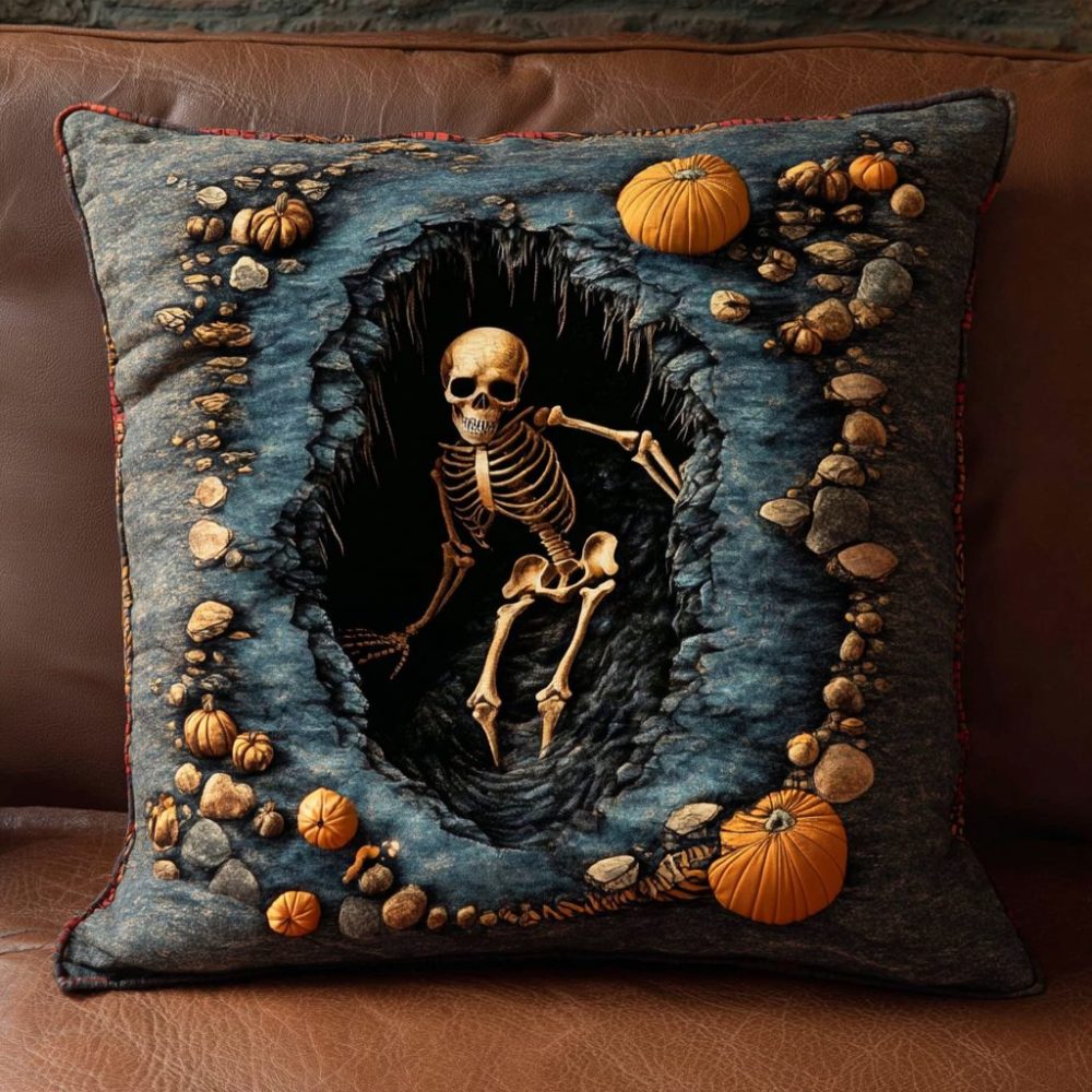 Cursed Grave Quilted Pillow Cover — 18X18In Gothic Graveyard Throw Pillow, Eerie Halloween Accent, Heavy-Quilted Durable Fabric