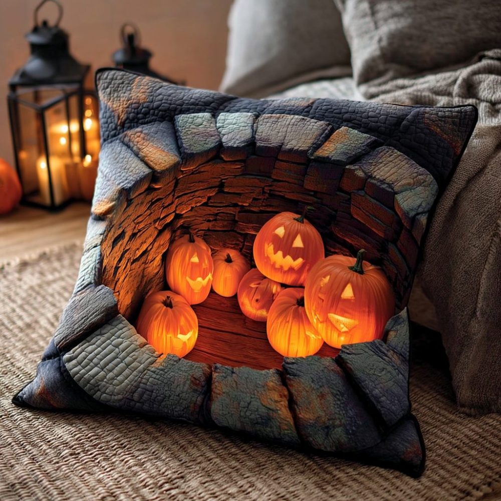 Pumpkin Well Gathering Quilted Pillow Cover — 18X18In Rustic Fall Pumpkin Patch Throw, Thanksgiving Accent, Soft Durable Cotton-Blend