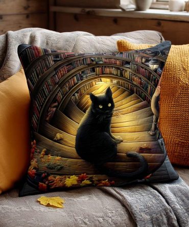 Black Cat Library Quilted Pillow Cover — 18X18In Whimsical Cat & Books Throw, Cozy Literary Decorative Cushion, Soft Quilted Fabric
