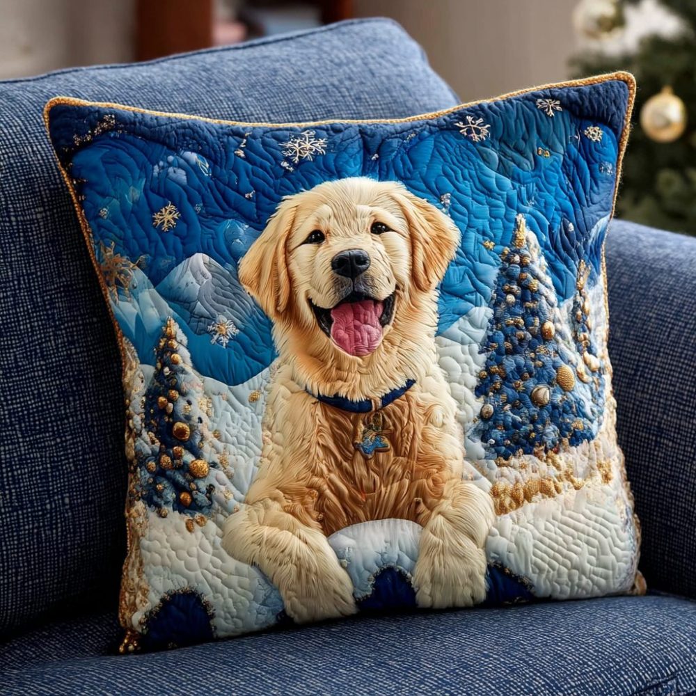 Snowy Golden Retriever Quilted Throw Pillow Cover - Cozy Winter Dog Decorative Case For Sofa & Pet Lovers