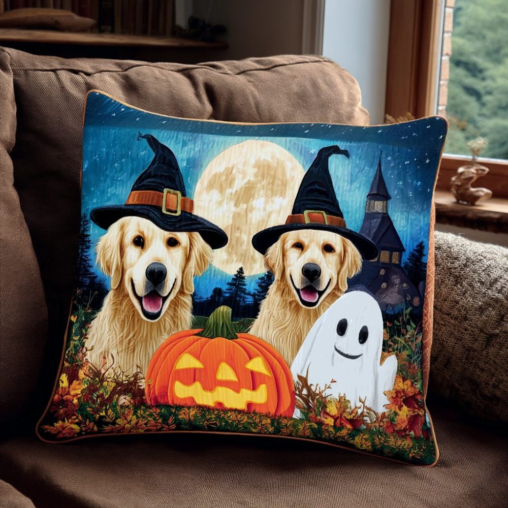 Ethereal Ghost Golden Retriever Quilted Throw Pillow Cover - Spooky Dog Accent Case For Halloween & Home Decor