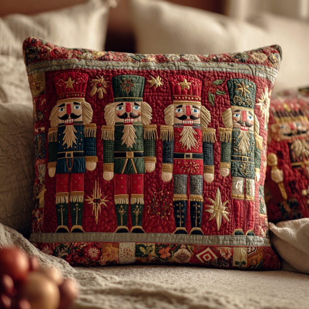 Nutcracker Parade Quilted Decorative Pillow Cover — Classic Holiday Throw Case For Sofa, Entryway & Christmas Staging