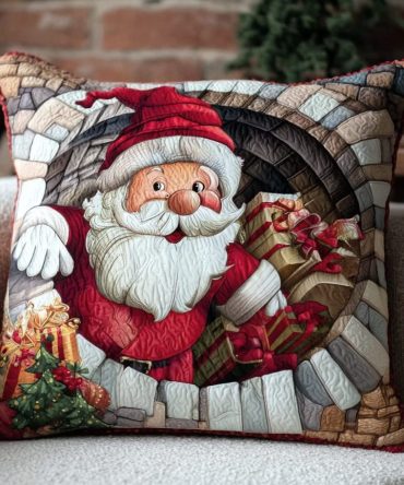 Santa Gift Illusion Quilted Pillow Cover — Whimsical Holiday Gift-Box Motif Throw Pillow Case For Festive Living Room & Cozy Christmas Vibes