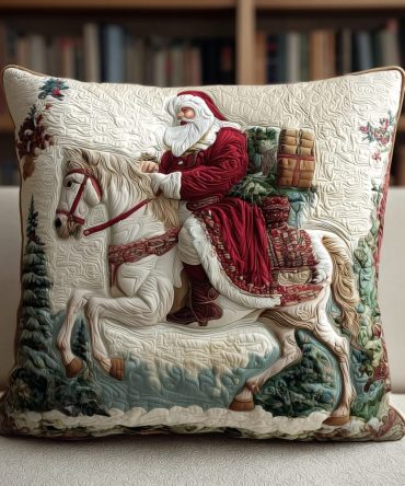 Santa & White Horse Quilted Accent Pillow Cover — Festive Equestrian Holiday Throw Pillow Case For Cozy Living Room & Country Christmas