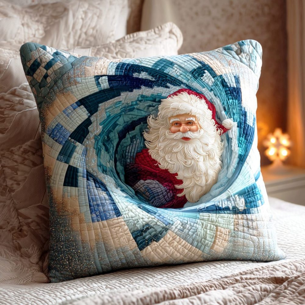Frosted Santa Quilted Pillow Cover — Elegant Winter Christmas Throw Pillow Case, Soft Quilted Sham With Zipper, Icy Holiday Home Decor Accent