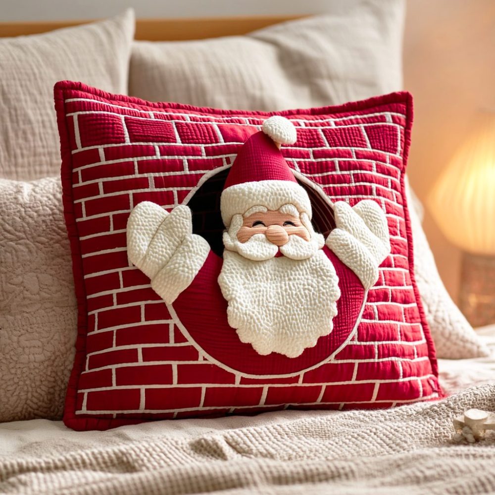 Santa Night Quilted Festive Pillow Cover — Classic Santa Illustration, Cozy Quilted Accent For Christmas Mantel, Sofa & Bedroom Styling
