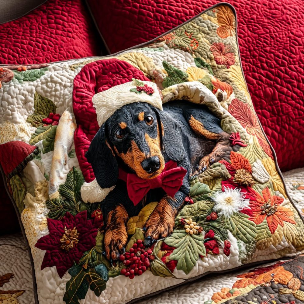 Winter Dachshund Quilted Decorative Pillow Cover — Frosted Dog Print, Soft Microfiber, Zipper Closure For Cozy Holiday Home Décor