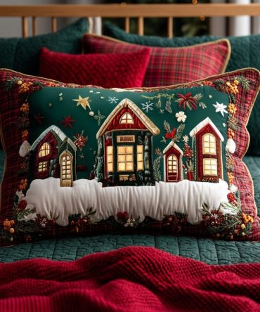 Snowy Village Night Quilted Pillow Cover — Enchanting Winter Scene Throw Pillowcase For Holiday Ambiance On Sofa, Bed & Entryway