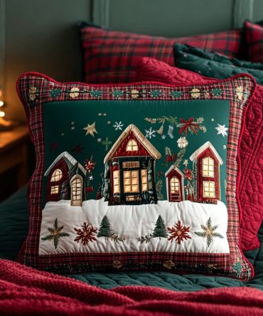 Snowy Village Night Quilted Christmas Pillow Cover — Charming Winter Scene, Cozy Quilted Accent For Seasonal Mantel & Sofa Decor