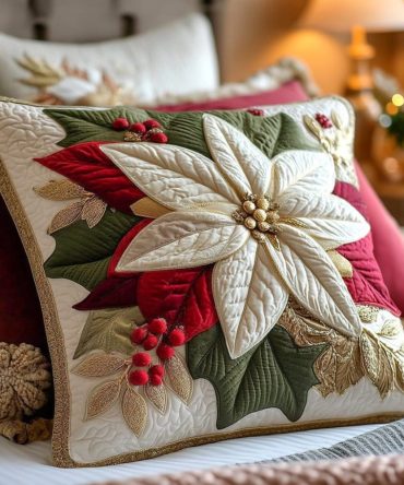 Poinsettia Christmas Bloom Quilted Pillow Cover — Elegant Stitched Square Holiday Pillowcase With Festive Floral Design For Mantels And Sofas