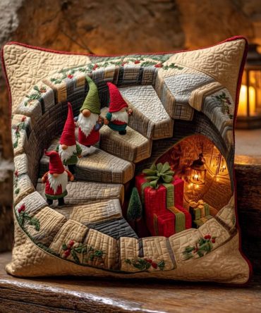 Quilted Gnome Staircase Decorative Pillow Cover — Charming Stitched Square Throw Pillowcase For Cozy Cottage, Entryway Or Living Room Accent