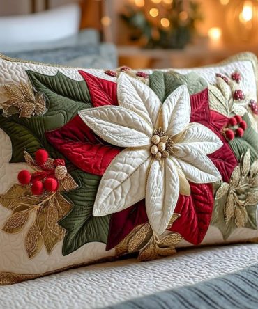 Poinsettia Bloom Quilted Pillow Cover — Festive Floral Christmas Throw Pillowcase For Seasonal Sofa, Bed & Holiday Mantel Styling