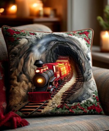 Cozy Holiday Quilted Throw Pillow Cover With Scenic Tunnel Ride Motif — Soft Stitched Square Decorative Pillowcase For Festive Living Rooms