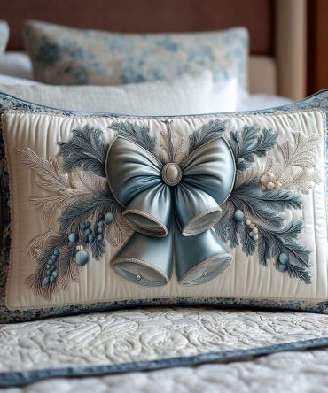 Yuletide Bell Glow Quilted Pillow Cover — Luxurious Christmas Bell Throw Pillowcase With Quilted Texture For Festive Home Decor