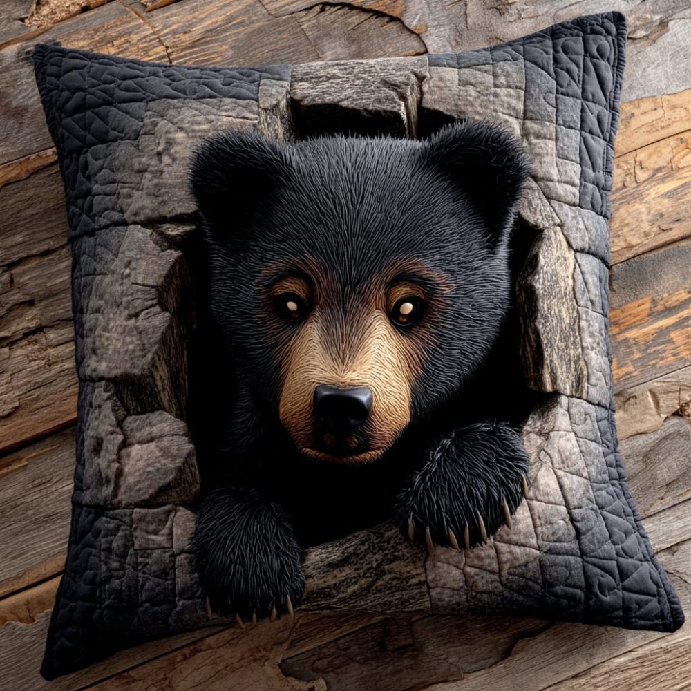 Festive 3D Bear Quilted Throw Pillow Cover - Holiday Decorative Accent, Soft Quilted Fabric, Zippered Case For Couch & Bed