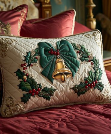 Holly Bow Harmony Quilted Pillow Cover — Classic Holiday Holly & Bow Throw Pillowcase With Quilted Texture For Festive Decorating