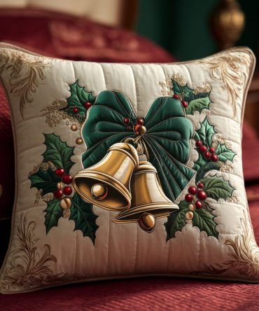 Holly Bow Harmony Quilted Holiday Pillow Cover — Classic Christmas Bow Motif, Soft Quilted Cushion For Festive Living Room & Mantel
