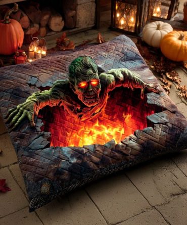 Zombie Rise Quilted Throw Pillow Cover , Apocalyptic Zombie Graphic Pillowcase – Spooky Quilted Accent For Halloween & Themed Rooms (Square)