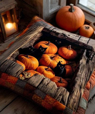 Pumpkin Cat Hollow Quilted Pillow Cover , Cute-Spooky Halloween Cat Throw Pillowcase – Quilted Accent For Fall & Seasonal Decor (Square)