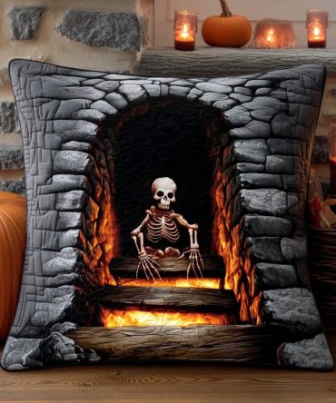 Inferno Skeleton Quilted Pillow Cover , Fiery Skeleton Throw Pillowcase – Dramatic Gothic Accent, Quilted Texture For Bold Interiors
