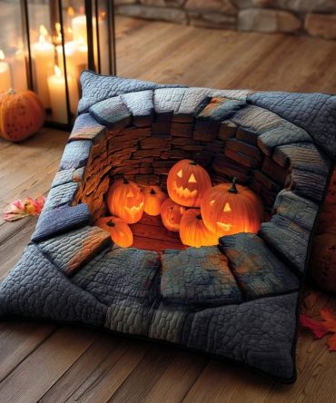 Pumpkin Well Gathering Quilted Pillow Cover , Harvest Pumpkin Scene Throw Pillowcase – Autumn Farmhouse Accent, Soft Quilted Texture