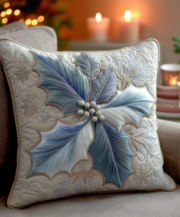 Winter Holly Quilted Pillow Cover , Festive Holly & Berry Throw Pillowcase – Cozy Holiday Quilted Accent For Living Room & Entryway (Square)