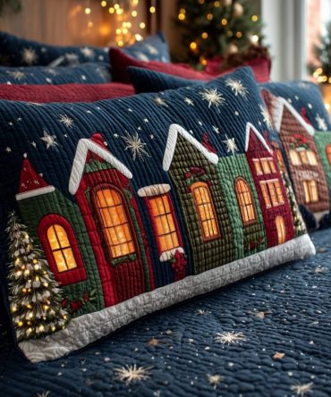 Yuletide Village Dreams Quilted Pillow Cover — Charming Christmas Village Throw Pillowcase For Festive Bedroom & Living Room Décor